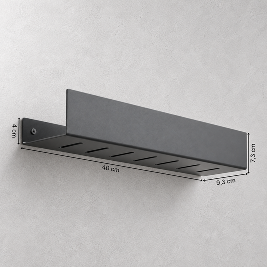 Schéma coté de l'étagère LYAKE : 40 cm de long, 9,3 cm de profondeur, 7,3 cm de hauteur, patte de 4 cm