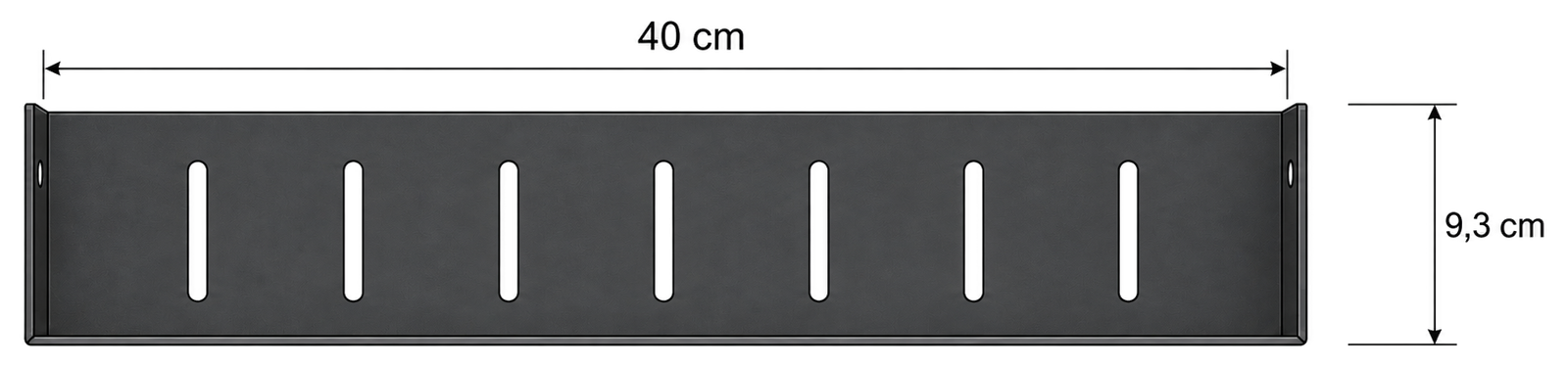 Plan coté de l'étagère de douche LYAKE vue de face : 40 cm de long, 9,3 cm de hauteur, sept fentes d'évacuation